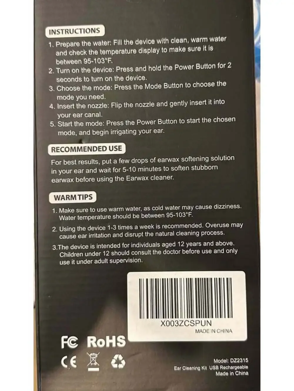 NIB USB Rechargeable Earwax Cleaner with 4 Pressure Setting Modes and IPX7